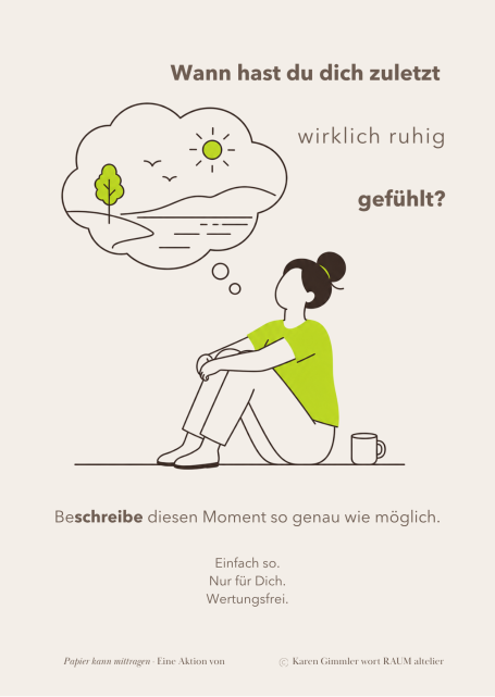 Wann hast du dich zuletzt wirklich ruhig gefühlt? Eine Person sitzt nachdenklich und träumt von einem ruhigen Landschaftsmotiv.