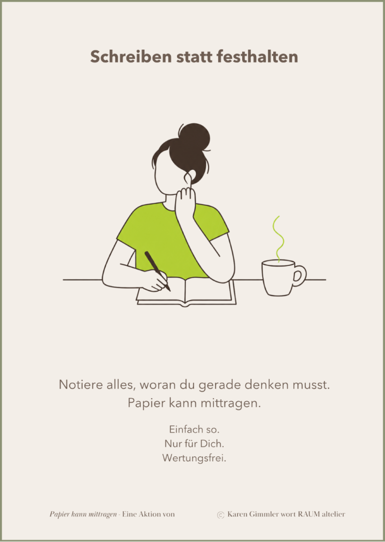Schreiben statt festhalten Eine nachdenkliche Person mit einem Notizbuch und einer Tasse Kaffee.