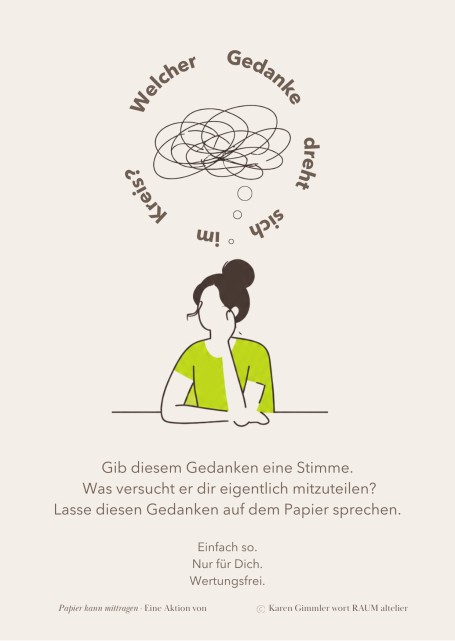 Welcher Gedanke dreht sich im Kreis? Eine Frau mit nachdenklichem Gesichtsausdruck umgeben von Gedankenblasen.