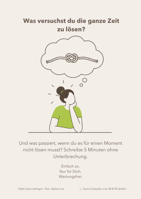 Was versuchst du die ganze Zeit zu lösen? Eine nachdenkliche Person mit einem Knoten über dem Kopf, symbolisiert Sorgen und Lösungen.
